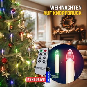 MONZANA® Christbaumkerzen LED Kabellos 30er Set Batterie Timer Fernbedienung Echtwachs Optik Lichterkette Weihnachten Flackernd Bunt Weihnachtsbaum