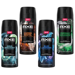 AXE Premium Bodyspray 4er Set Aqua Bergamot/ Copper Santal/ Blue Lavender / Emerald Geranium Deo ohne Aluminiumsalze mit 72 Stunden Schutz gegen Körpergeruch 150 ml 4 Stück
