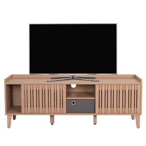 Televizní stolek HWC-M48, nízká TV skříňka, posuvné dveře z masivního mangového dřeva 56x150x40cm  béžová, zásuvka šedá