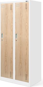 Stahlspind Garderobenschrank Spind Kleiderspind Doppelspind 2 Abteile Flügeltüren Trennwand Pulverbeschichtung 180 cm x 80 cm x 50 cm (H x B x T) Farbe: Weiß-Holzoptik
