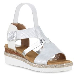 VAN HILL Damen Keilsandaletten Sandalette Metallic Bast Profil-Sohle Schuhe 841153, Farbe: Weiß, Größe: 38