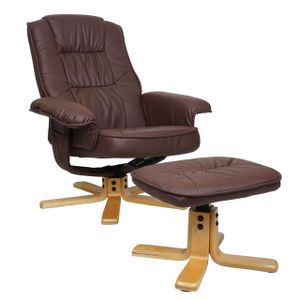 Relaxsessel M56, Fernsehsessel TV-Sessel mit Hocker Ottomane, Kunstleder Eukalyptus Holz  rot-braun