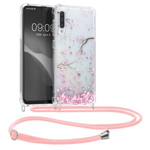 kwmobile Necklace Case kompatibel mit Samsung Galaxy A50 Hülle - Silikon Cover mit Handykette - Rosa Dunkelbraun Transparent Kirschblütenblätter
