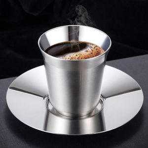 2er Set Espressotasse Edelstahl Thermo Tasse Isolierte Tee-Kaffeetassen Mokkatasse doppelwandig mit Edelstahl Untersetzer