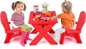 COSTWAY 3 TLG. Dětská sedací skupina, dětský stůl se 2 židlemi Adirondack, dětská plastová stolová skupina, dětský nábytek Dětská stolová sestava, pro mateřskou školu školku zahradu trávník (červená)