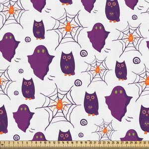 ABAKUHAUS Geist Gewebe als Meterware, Halloween-Party-themenorientiertes Muster mit Eulen-Abbildungen und Spinnen-Netzen auf Weiß, 2 M (148 x 200 cm), Violett Orange und Weiß