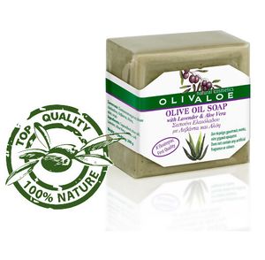 OLIVALOE 00199 - Handgemachte traditionelle Olivenölseife mit Aloe Vera & Lavendel 200g für Gesicht/Körper von Kreta