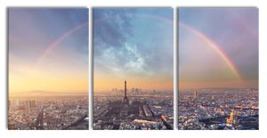 Panorama Regenbogen über Paris, XXL Leinwandbild in Übergröße 240x120cm Gesamtmaß 3 teilig / Wandbild / Kunstdruck