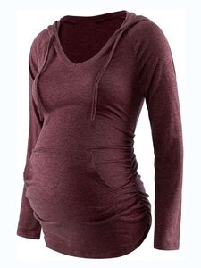 Damen Umstandsoberteile Kordelstring Mutterschaft Langarmshirts Schwangerschaft Pullover Jujube Rot,Größe L