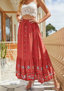 Damen Chic Button-Down Binde Up Hohe Taille Blumen bedruckt Boho A-Linie Rüschen Swing Langer Maxi Rock mit Schlitz, Farbe: Rot, Größe: L Damen Chic Button-Down Binde Up Hohe Taille Blumen bedruckt Boho A-Linie Rüschen Swing Langer Maxi Rock mit Schlitz, Farbe: Rot, Größe: L