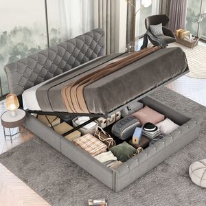 Merax Hydraulická posteľ Boxspring 140x200 cm so zásuvkou na posteľ a výškovo nastaviteľným čelom, čalúnená funkčná posteľ Manželská posteľ v zamate