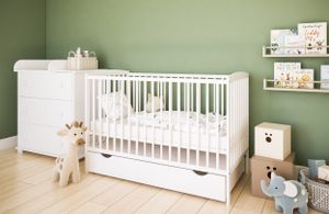 2in1 Babybett und Kinderbett 120x60cm, Weiss, mit 3-Fach Höhenverstellbarer und 3 Schlupfsprossen, Matratze und Schublade, Umbaubar zum Juniorbett, aus Kiefernholz
