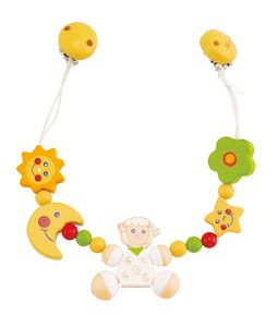 bieco Kinderwagenkette Schaf Betty, verziert mit lustigen Holzkugeln sowie mit Sonne, Mond und Stern zum Spielen und Greifen.