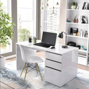 Schreibtisch Dgabbi, Mehrzweckschreibtisch für Büro oder Schlafzimmer, linearer Arbeitstisch mit 2 Schubladen und 1 Tür, 139 x 60 x 75 cm, Weiß
