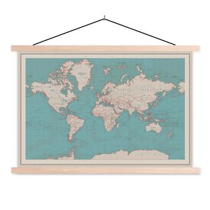 MuchoWow® Textilní plakát - Mapa světa - Vintage - Atlas - Děti - Chlapci - Dívky - 90x60cm - S hnědými lamelami