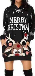 ASKSA Weihnachtskleid Damen Kapuzenkleid Weihnachtspullover Weihnachts Sweatshirt, Schwarz, XL