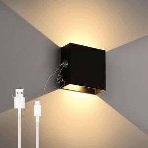 Wandleuchte Innen, Akku Wandleuchte Dimmbare Touch 6W USB Aufladbare Wandleuchte Aluminium Magnetische Wandlampe (Schwarz)