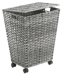 Kobolo Wäschebehälter mit Rollen aus grauem Polyrattan - Aufbewahrungskorb Sortierer Sammler Badezimmer Wäschesack Laundry bin basket Home Room Deco
