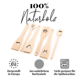 tuuli 6-tlg Kochlöffel Pfannenwender Set Holz Buche mit Motiv 30 cm