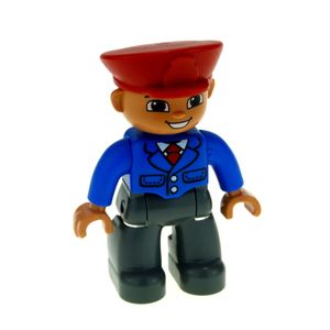 1x Lego Duplo Figur Mann Schaffner Hose Jacke blau Mütze rot Zug 47394pb165