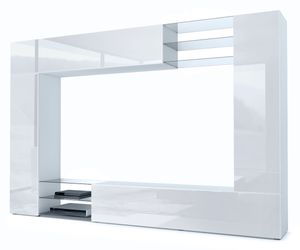 Vladon Wohnwand Mirage, Anbauwand mit Rückwand mit 2 Türen, 2 Klappen und 6 offenen Glasablagen, Weiß matt/Weiß Hochglanz (262 x 183 x 39 cm)