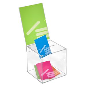 Losbox aus Acrylglas in 150x150x150mm mit Topschild 150x150mm - Zeigis® / Spendenbox / Aktionsbox / Gewinnspielbox / transparent / durchsichtig / Acryl