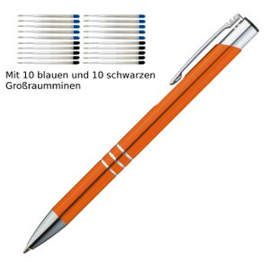 10 Kugelschreiber aus Metall / je 10 schwarze + blaue Minen / Farbe: orange