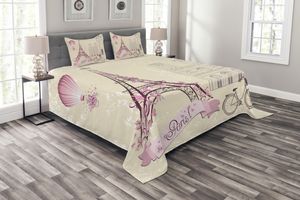 ABAKUHAUS Paris Tagesdecke Set, Floral Paris Eiffel, Set mit Kissenbezügen Waschbar, für Einselbetten 264 x 220 cm, Pink