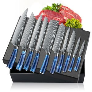 Messerset 10-tlg Küchenmesser Set mit Ergonomischen Griff, Profi Messer Set aus Hochwertigem Carbon Edelstahl mit Geschenkbox Blaues Harz-Messer-Set