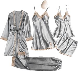 5-teiliges Pyjama-Set für Damen, Nachthemd, Oberteil, Shorts, Hosen, seidig, Satin, Spitze, Patchwork, lockere Schnürung, Taille, dünnes Damen-Homewear-Set, Nachtwäsche-Set