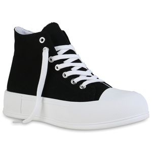 VAN HILL Damen Sneaker High Keilabsatz Schnürer Stoff Schnür-Schuhe 838495, Farbe: Schwarz Weiß, Größe: 38