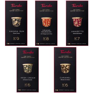TURABO PARTY set - Kávové kapsuly kompatibilné s Nespresso, 5 sortimentov, 50 kapsúl - Rum Havana, Amaretto, Irish Cream, Gran Marnier, Caramel