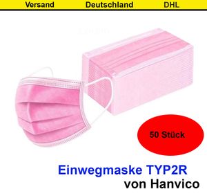 50x Hanvico OP Maske pink Atemschutzmaske medizinischer Mundschutz 3-lagig Einwegmaske Schutzmaske Mundschutzmaske TYP2R