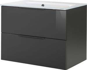FACKELMANN LUNA Badmöbel Set 2 Teile / Glas Waschbecken / Waschbeckenunterschrank mit 2 Schubladen / Badschrank mit Soft-Close / hochwertige Möbel fürs Bad / Korpus & Front: Schwarz / Breite: 80 cm