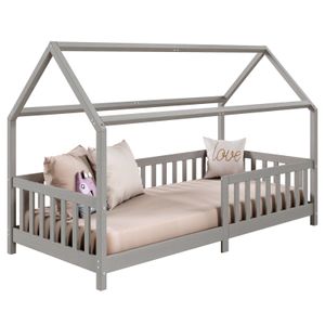 Hausbett NINA aus massiver Kiefer, schönes Montessori Bett in 90 x 200, minimalistisches Kinderbett mit Dach in grau