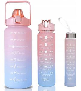 Set aus 3 stück Sportflasche Wasserflasche Getränkeflasche Trinkflasche mit Strohhalm, Zeitmarkierung Farbverlauf