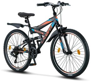 Licorne Bike Strong V Premium Mountainbike in 24 und 26 Zoll - Fahrrad für Jungen, Mädchen, Damen und Herren - Shimano 21 Gang-Schaltung - Vollfederung, Farbe:Schwarz/Blau/Orange, Zoll:26