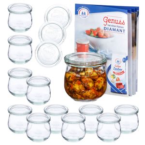 12er Set Weck Gläser 370ml Tulpenglas mit 12 Glasdeckeln inkl Rezeptheft