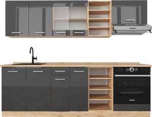 Vicco Küchenzeile R-Line, 240 cm , AP Eiche, Anthrazit Hochglanz/Goldkraft Eiche