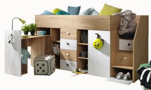 Etagenbett für Kinder SMART 3 Stockbett mit Treppe, Kleiderschrank und Schreibtisch (Artisan Eiche + Weiß matt, Seite: Rechts)