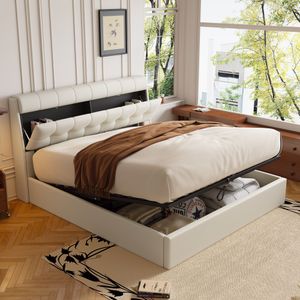Čalouněná postel Flieks 160x200 cm s roštovým rámem, úložný prostor, postel pro mladé s úložným čelem, hydraulická pružinová postel, manželská postel, PU, krémově bílá