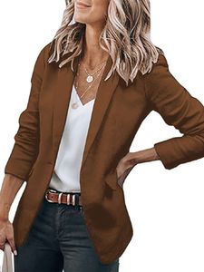 Damen Langarm Business Cardigan Jacken Blazer Casual Einfarbiger Longblazer mit Taschen Braun, Größe L