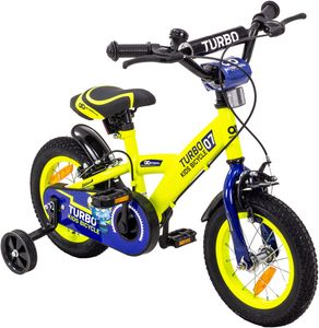 Actionbikes Kinderfahrrad Turbo 12 Zoll - Kinder Fahrrad - Stützräder - Gelb - Blau - 2 - 5 Jahre - Kettenschutz - Stützräder - Kettenschutz - Jugend Fahrrad - Rad - Bike