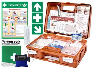 Erste-Hilfe-Koffer Quick -Komplettpaket- mit "Notfallbeatmungshilfe" für Betriebe - akt. DIN/EN 13157 + DIN 13164 -inkl. 1. Hilfe Aufkleber & Aushang