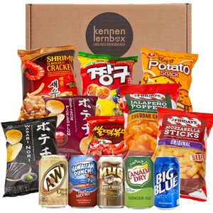 Snack Party Box | Kennenlernbox mit 12 beliebten Chips und Getränke aus den USA, Korea und Japan | Für Filmabende oder als Geschenkidee für besondere Anlässe