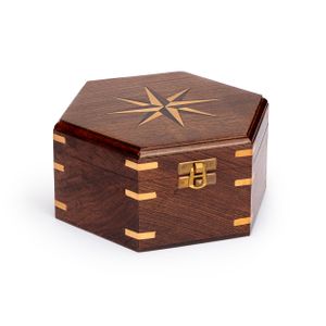 NKlaus 18,5x16,5x8,5cm Maritim Sechseckige Holzbox mit Windrose-Inlay und Messing-Verschluss mit aufwändigem Windrose-Muster aus Holz 11638
