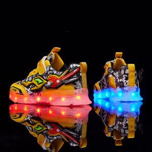 Cute Jungen Mädchen Kinderschuhe Transformers drucken Turnschuhe Leuchtende Sportschuhe USB Aufladung LED Beleuchtet klett Laufschuhe Gelb Größe 28