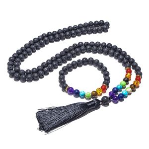 8 mm Lavastein 7 Chakra Perlen Japamala Halskette 108 Rosenkranz Meditation Yoga Schmuck Armband Set tibetischer Quastenanhänger