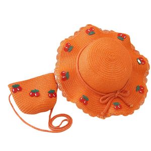 Cherry Decor Spitzenbesatz Hut mit breiter Krempe, Taschenset für Babys, atmungsaktiver Strohhut, Handtasche, Kleidungszubehör, Dunkelorange