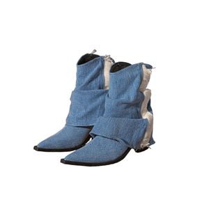 Damen Pointy Toe Stiefel Mode Western Winterstiefel Leichte Patchwork Freizeitschuhe Denim Blau,Größe:EU 38